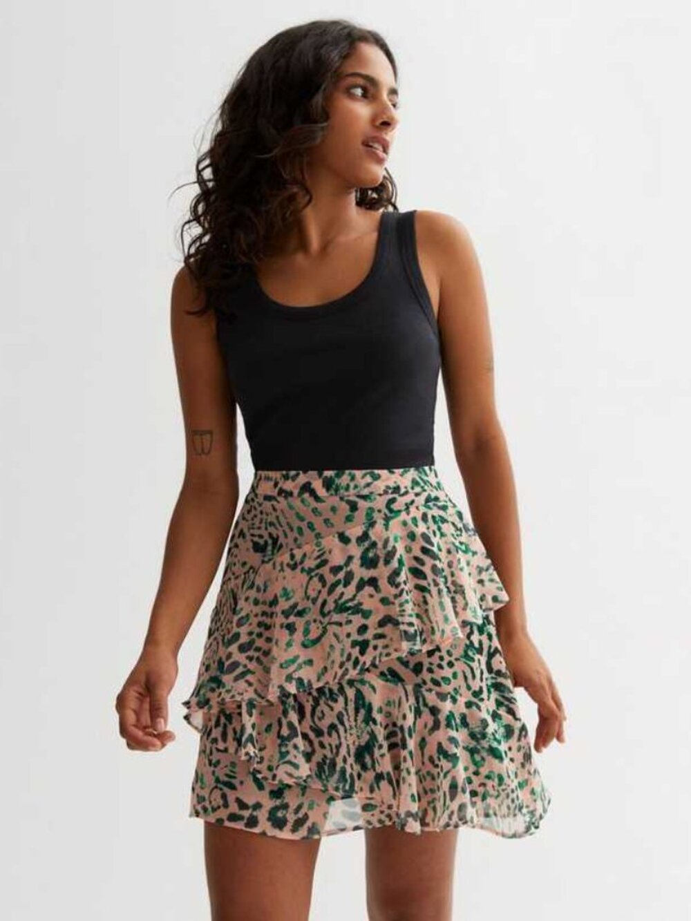 ZARA Asymmetrical Ruffled Animal Print Mini Skirt - Pink/Green Sz XL